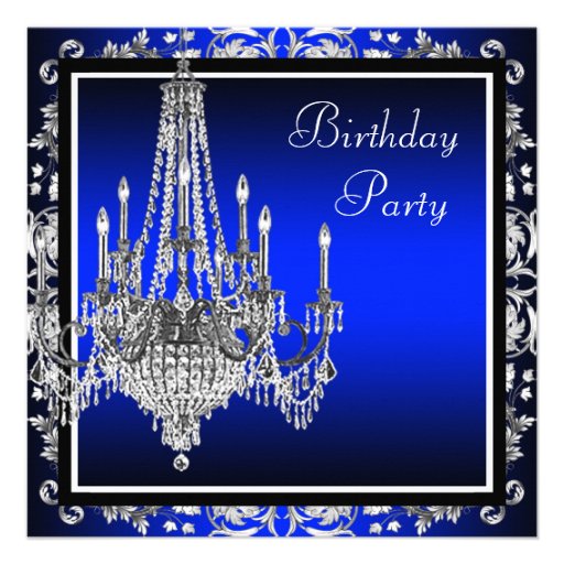 Royal Blue Damask Chandelier Birthday Party Invitation (front side)