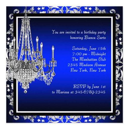Royal Blue Damask Chandelier Birthday Party Invitation