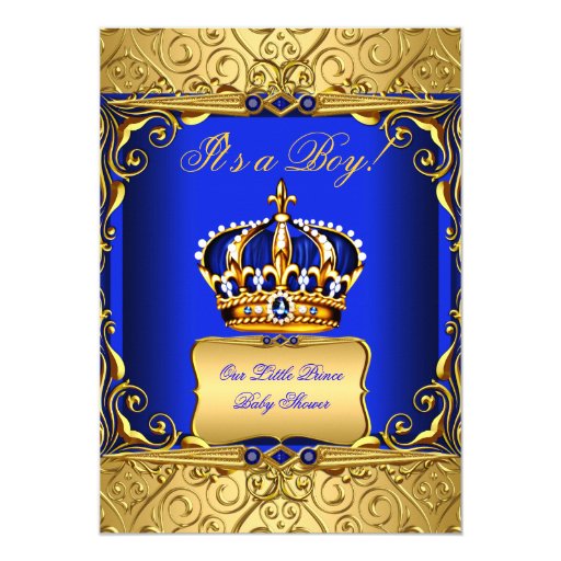 Royal Blue Damask Gold Crown Baby Shower Boy bs2 Card (front side)