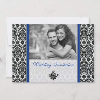 Royal Blue Damask Photo Wedding Invitation by wasootch Black and white with