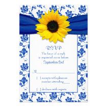 Royal Blue Damask Sunflower Wedding RSVP Card invitations