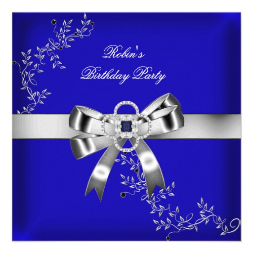 Royal Blue Diamond Jewel Silver Bow Custom Invite