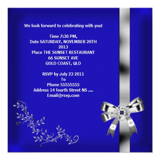 Royal Blue Diamond Jewel Silver Bow Custom Invite
