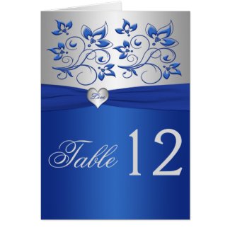 Royal Blue Floral and Silver Heart Table Number card
