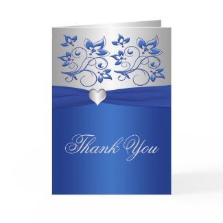 Royal Blue Floral and Silver Heart Thank You Card card
