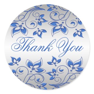 Royal Blue Floral and Silver Thank You Sticker sticker