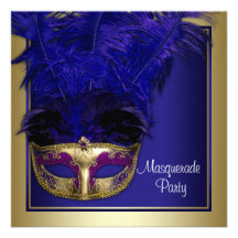 Royal Blue Gold Masquerade Party Invitations