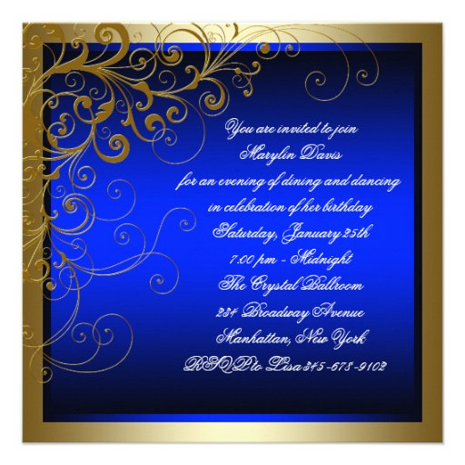 Royal Blue Gold Womans Blue Gold Birthday Personalized Invites