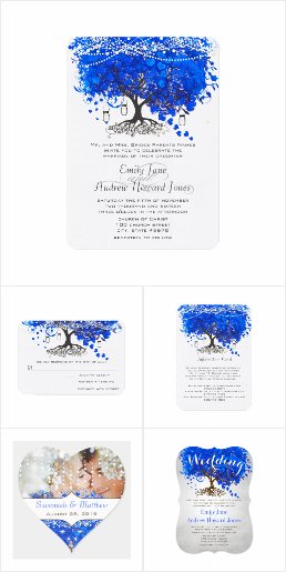 Royal Blue Heart Leaf Tree Wedding Invitation Set with Mason Jars