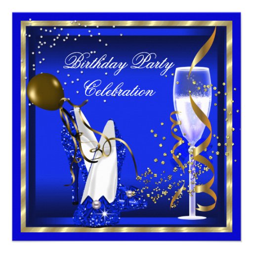 Royal Blue Heels Gold Glitter Birthday Party Custom Invites