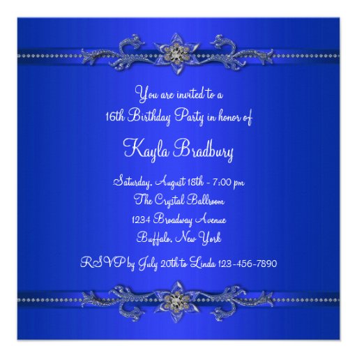 Royal Blue Jewel Sweet 16 Birthday Party Personalized Invite