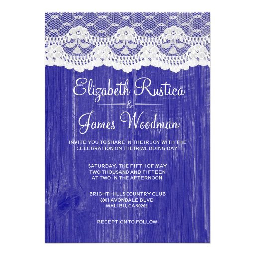 Royal Blue Lace & Barn Wood Wedding Invitations