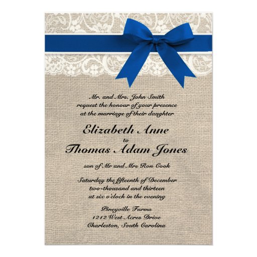 Royal Blue Lace & Burlap Wedding Invite 2