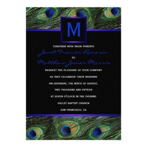 Royal Blue Monogram Peacock Custom Invite