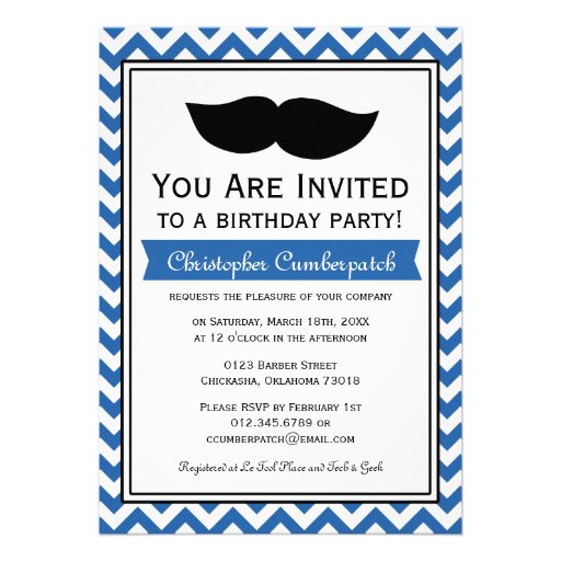 Royal Blue Moustache Chevron Birthday Party Personalized Invites