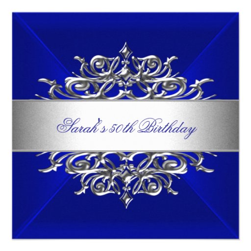 Royal Blue On Silver 50th Birthday Party Personalized Invite
