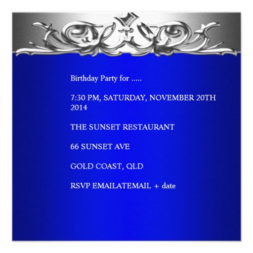 Royal Blue On Silver 50th Birthday Party Personalized Invite