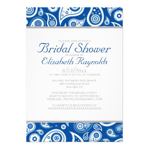 Royal Blue Paisley Bridal Shower Invitations