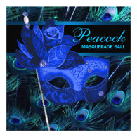 Royal Blue Peacock Feathers Masquerade Party Personalized Invite