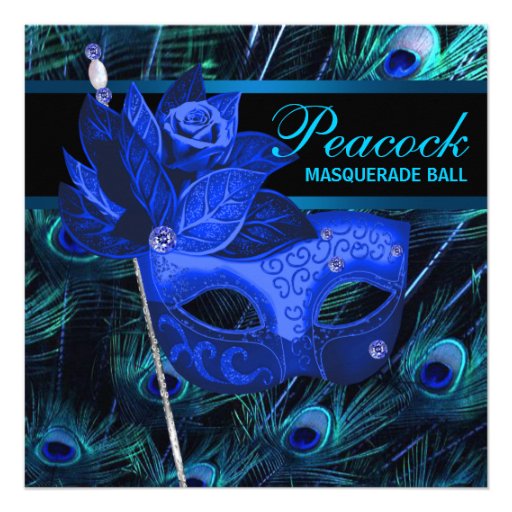 Royal Blue Peacock Masquerade Party Personalized Invite