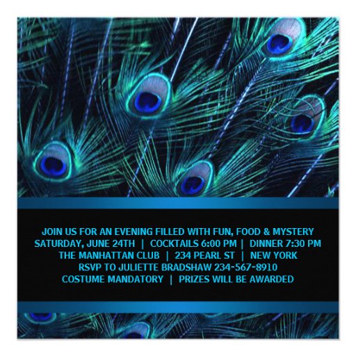 Royal Blue Peacock Masquerade Party Personalized Invite