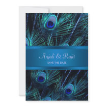 Royal Blue Purple Peacock Feathers Wedding Custom Invite