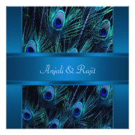 Royal Blue Purple Peacock Feathers Wedding Custom Announcement