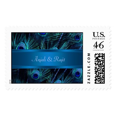 Royal Blue Purple Peacock Feathers Wedding Postage Stamp