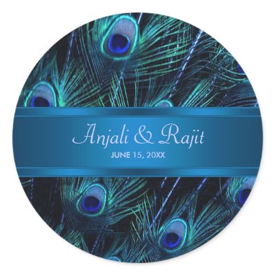 Royal Blue Purple Peacock Feathers Wedding stickers