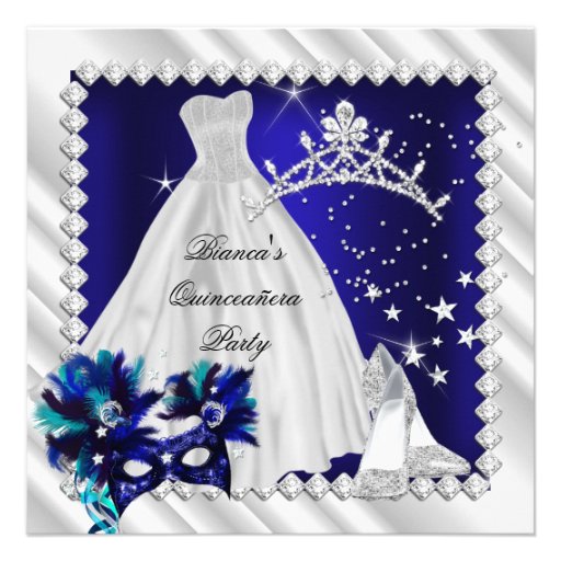 Royal Blue Quinceanera 15th Masquerade Party Personalized Announcements
