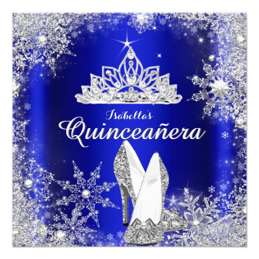 Royal Blue Quinceanera Silver Tiara 15th Birthday Personalized Announcement (front side)
