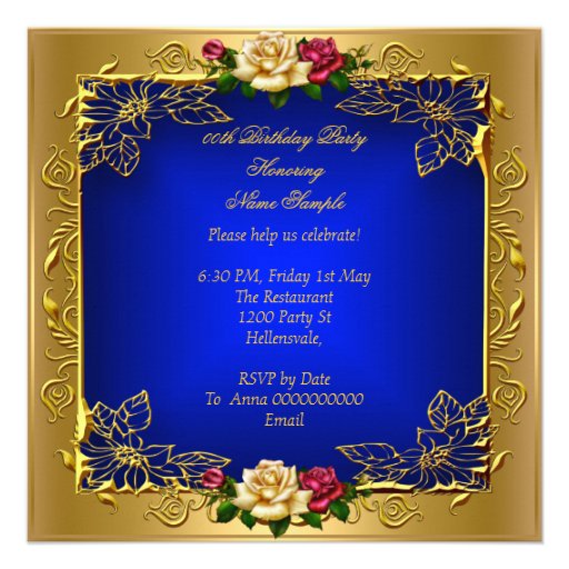 Royal Blue Red Cream Roses Gold Elegant Birthday B Custom Invites