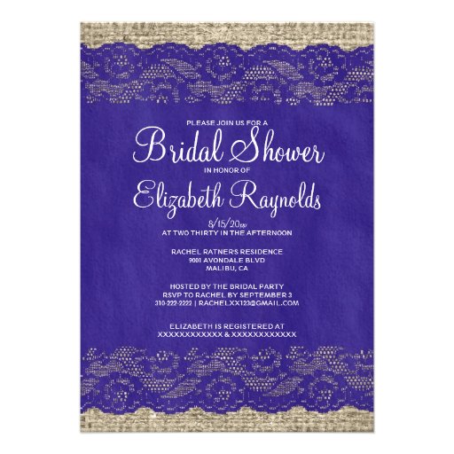 Royal Blue Rustic Lace Bridal Shower Invitations