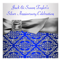 Royal Blue Silver Damask Silver 25th Anniversary Invite