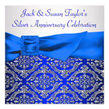 Royal Blue Silver Damask Silver 25th Anniversary Custom Invites