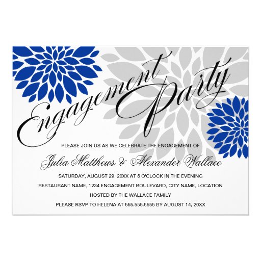 Royal Blue Silver Floral Burst Engagement Party Personalized Invite