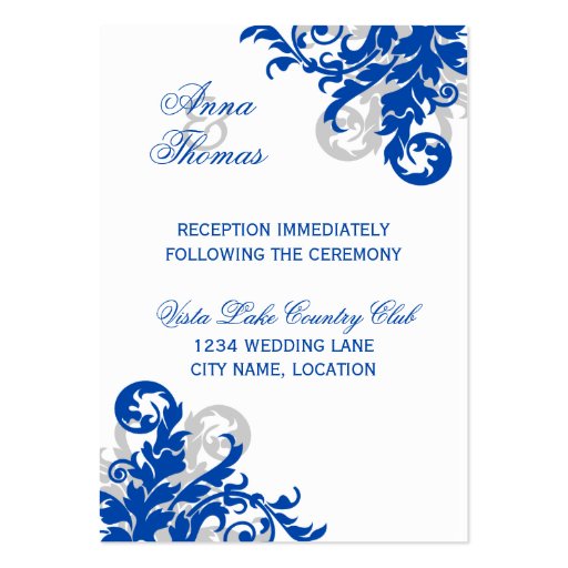 Royal Blue Silver Flourish Wedding Reception Cards Business Cards (front side)