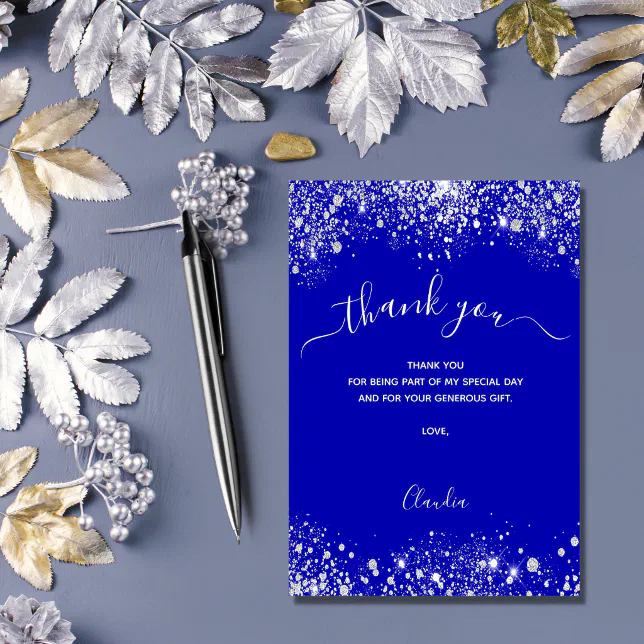 Royal Blue Silver Glitter Sparkles Script Thank You Card Zazzle