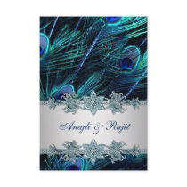 Royal Blue Silver Indian Peacock Reception Cards Announcements