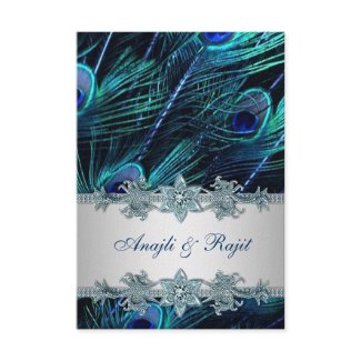 Royal Blue Silver Indian Peacock Reception Cards invitation