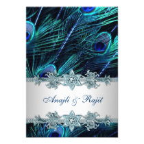 Royal Blue Silver Indian Peacock Reception Cards invitations