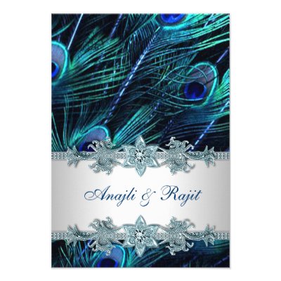 Royal Blue Silver Indian Peacock Reception Cards Announcements