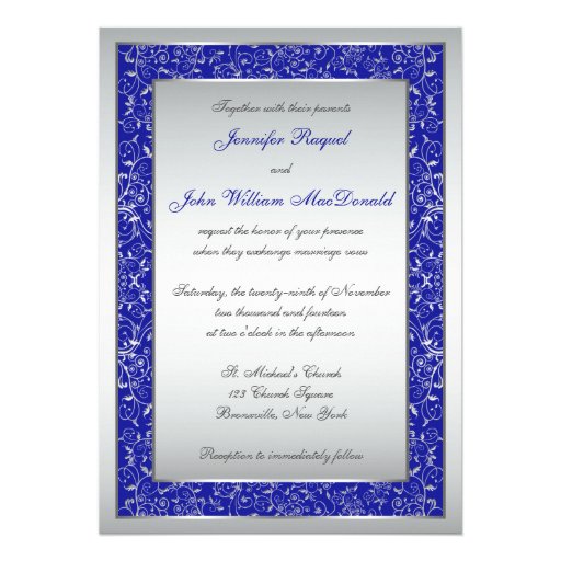 Royal Blue, Silver Ornate Scrolls Wedding Invite