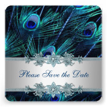 Royal Blue Silver Peacock Wedding Save the Date Invite
