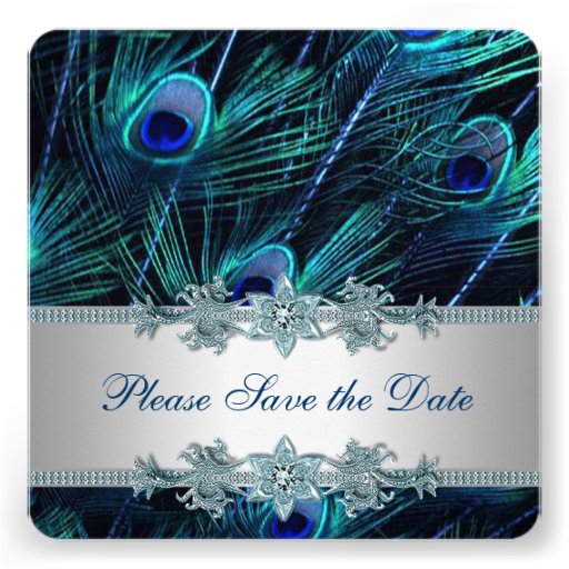 Royal Blue Silver Peacock Wedding Save the Date Invite
