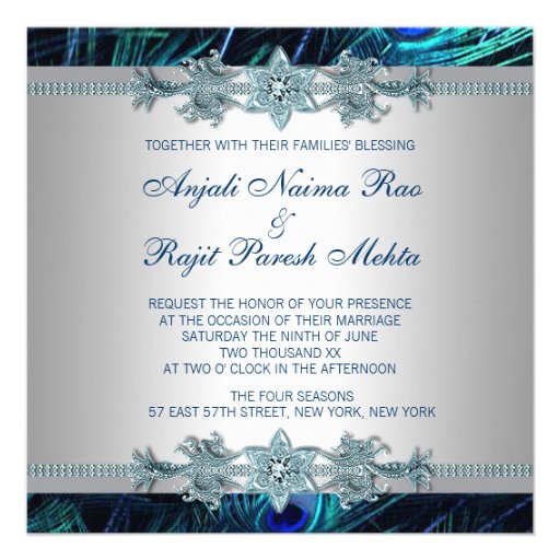 Royal Blue Silver Royal Indian Peacock Wedding Invite