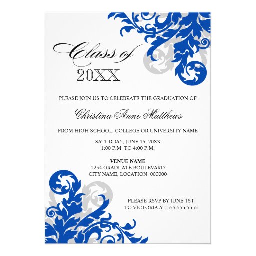 Royal Blue Silver Swirl Graduation Announcement (front side)