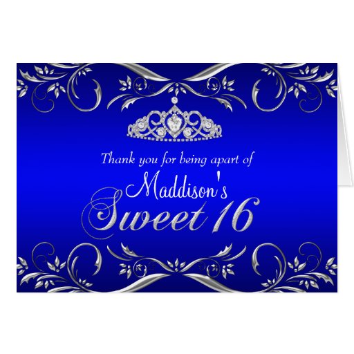 Royal Blue & Silver Tiara Sweet 16 Thank You Card Zazzle