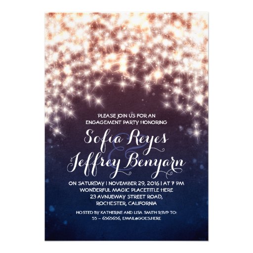royal blue string lights engagement party invites (front side)