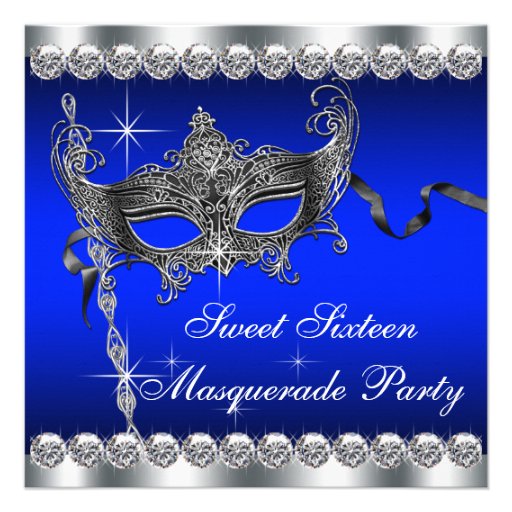 Royal Blue Sweet Sixteen Masquerade Party Announcement (front side)